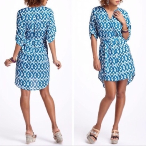 MAEVE Anthropologie Blue XS 3/4 Roll Tab Sleeve Ikat HiLo Belt V Neck Shirtdress - Picture 1 of 16